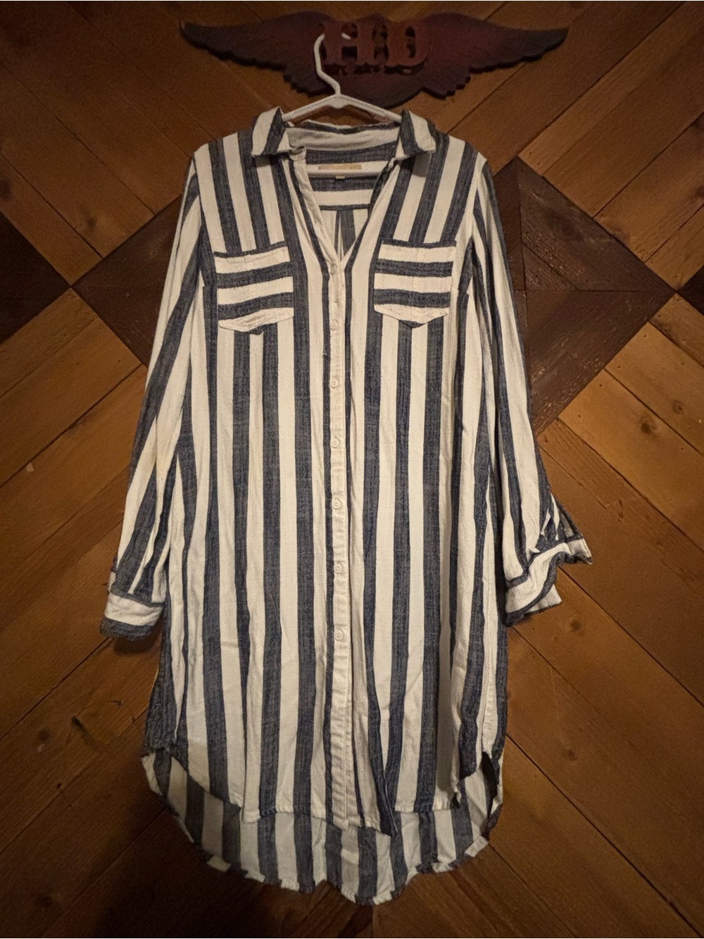 Elongated Stripe Button-Down Shirt Tunic - White and Navy
